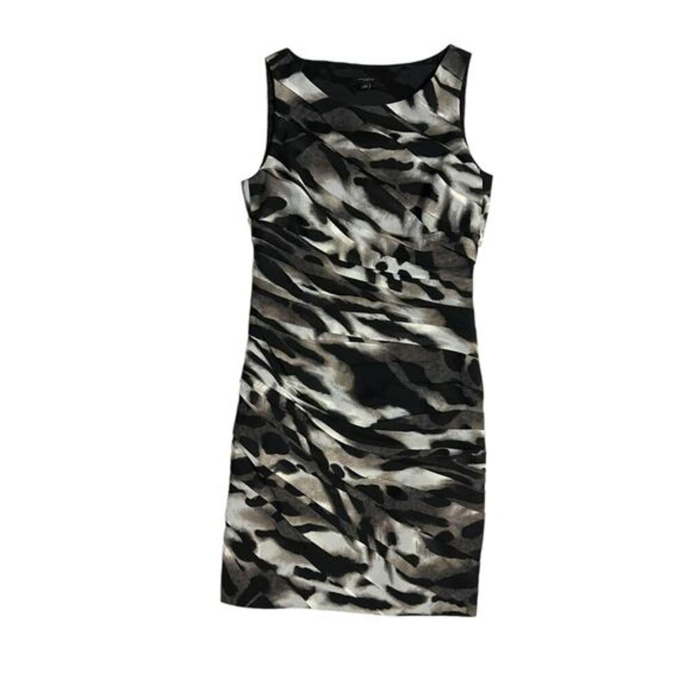 Ann Taylor Ruched Sheath Sleeveless Animal Print Cocktail Dress Black Gray Sz 6